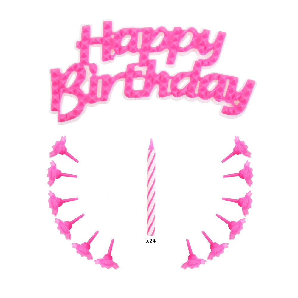 24x bougies avec décor gâteau happy birthday rose