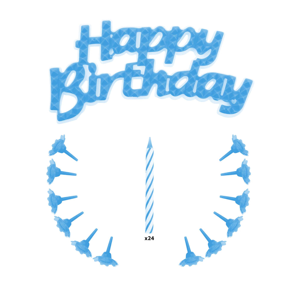 24x bougies avec décor gâteau happy birthday bleu