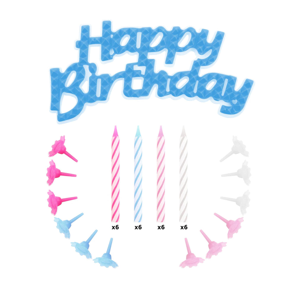 24x bougies avec décor gâteau happy birthday bleu/couelur