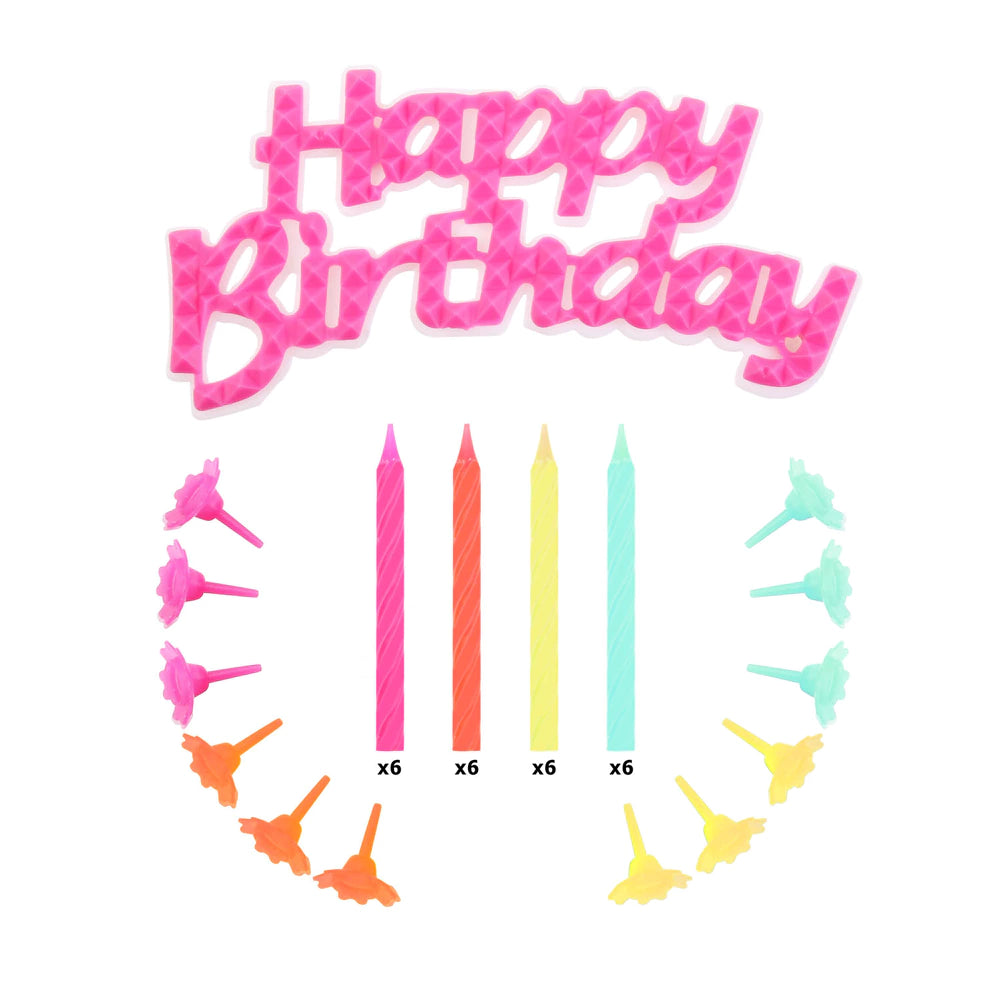 24x bougies avec décor gâteau happy birthday rose/couleur